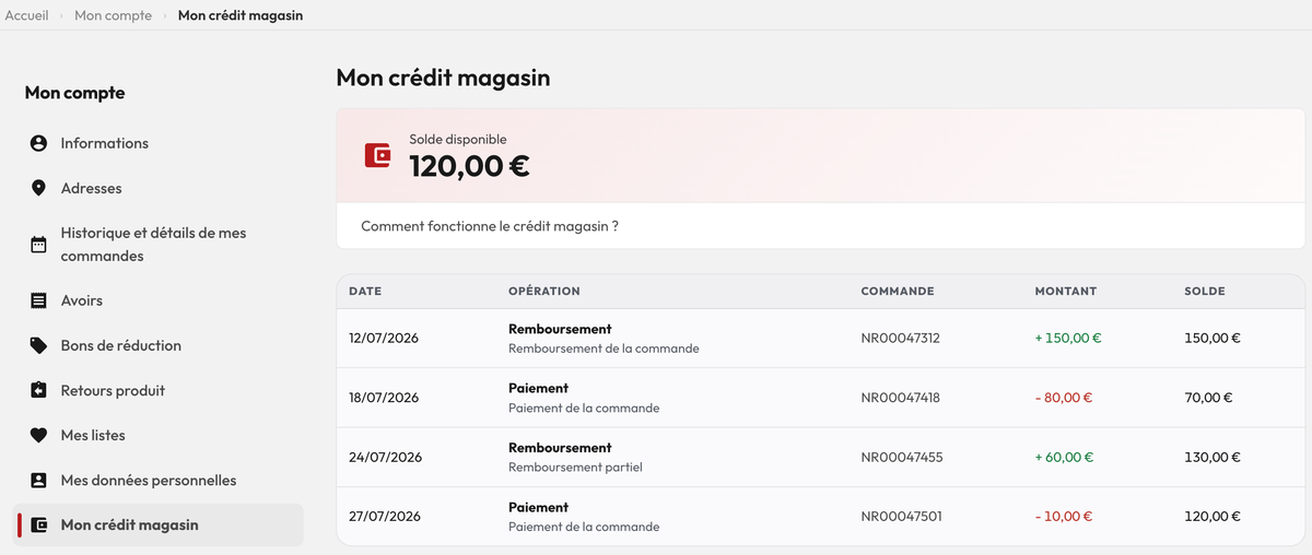 La page Mon crédit magasin : le solde disponible et le tableau des mouvements