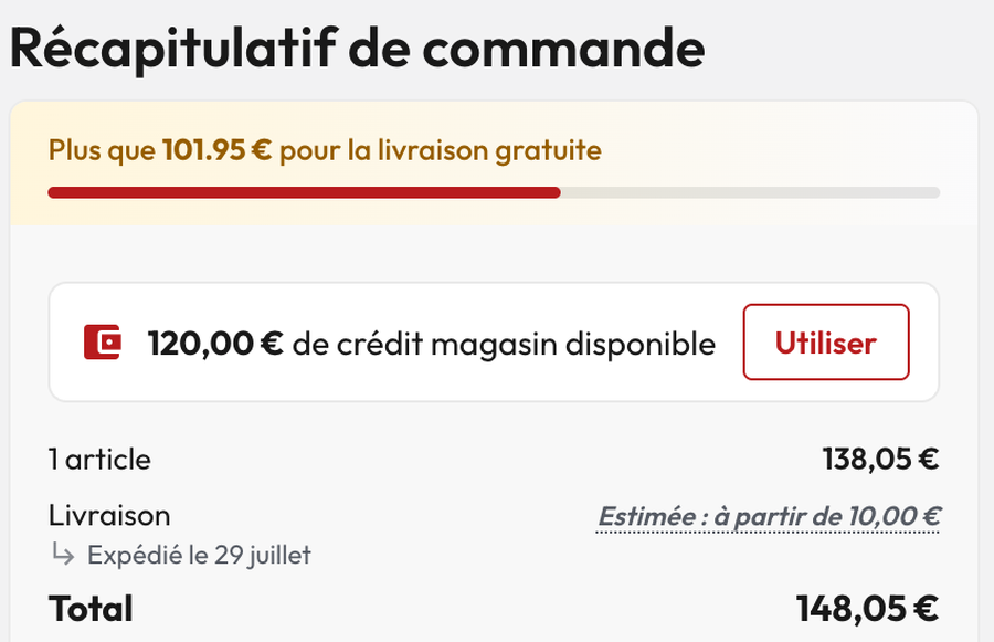 Le récapitulatif de commande affiche le crédit magasin disponible et un bouton Utiliser