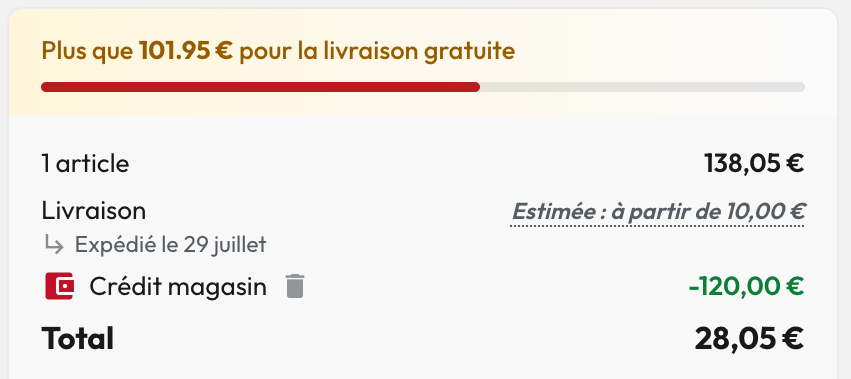 Le crédit magasin appliqué apparaît en déduction et le total à payer est recalculé