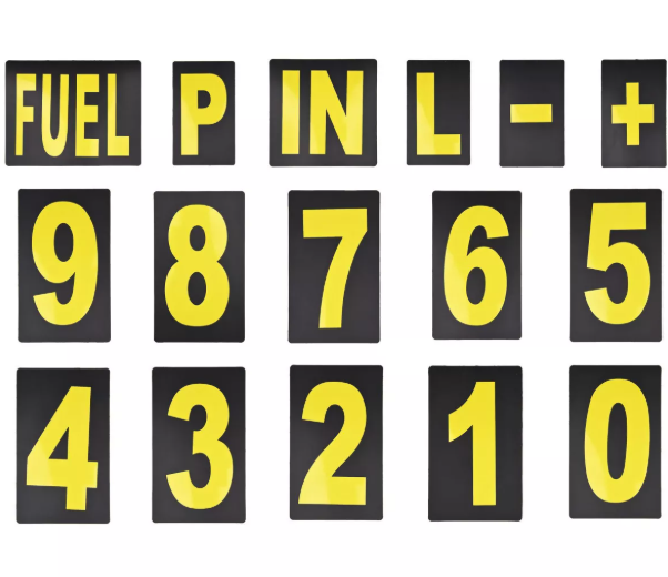 37 chiffres et symboles JAUNES FLUO pour tableau de panneautage / pit board Biketek