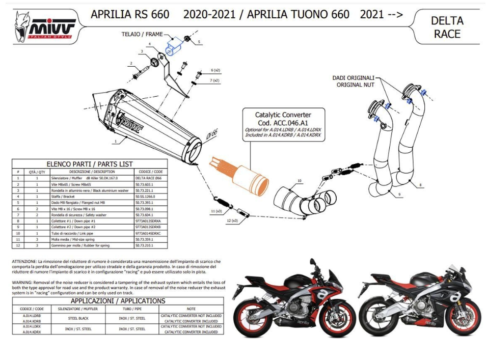 Ligne complète basse MIVV DELTA RACE INOX APRILIA RS 660 / TUONO 660 (A.014.LDRX)