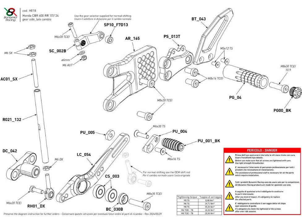 COMMANDES RECULÉES BONAMICI HONDA CBR600RR 2024 (HO18)