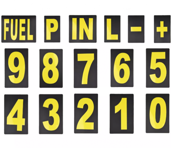 37 chiffres et symboles JAUNES FLUO pour tableau de panneautage / pit board Biketek