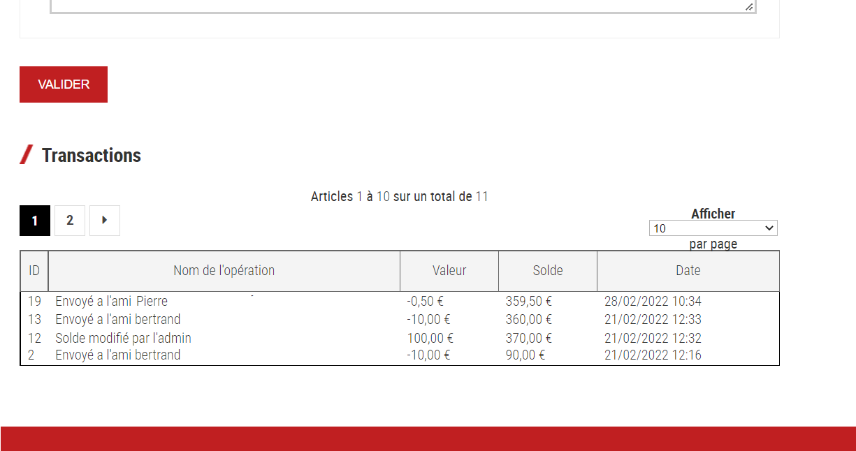 Liste des transactions